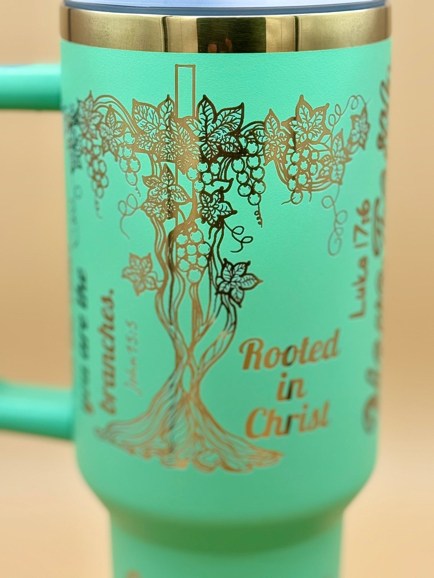 "Rooted in Christ" Hand - Drawn 40oz Teal Tumbler – Original Tree of Life & Scripture Engraved Travel Mug - His Word Designs