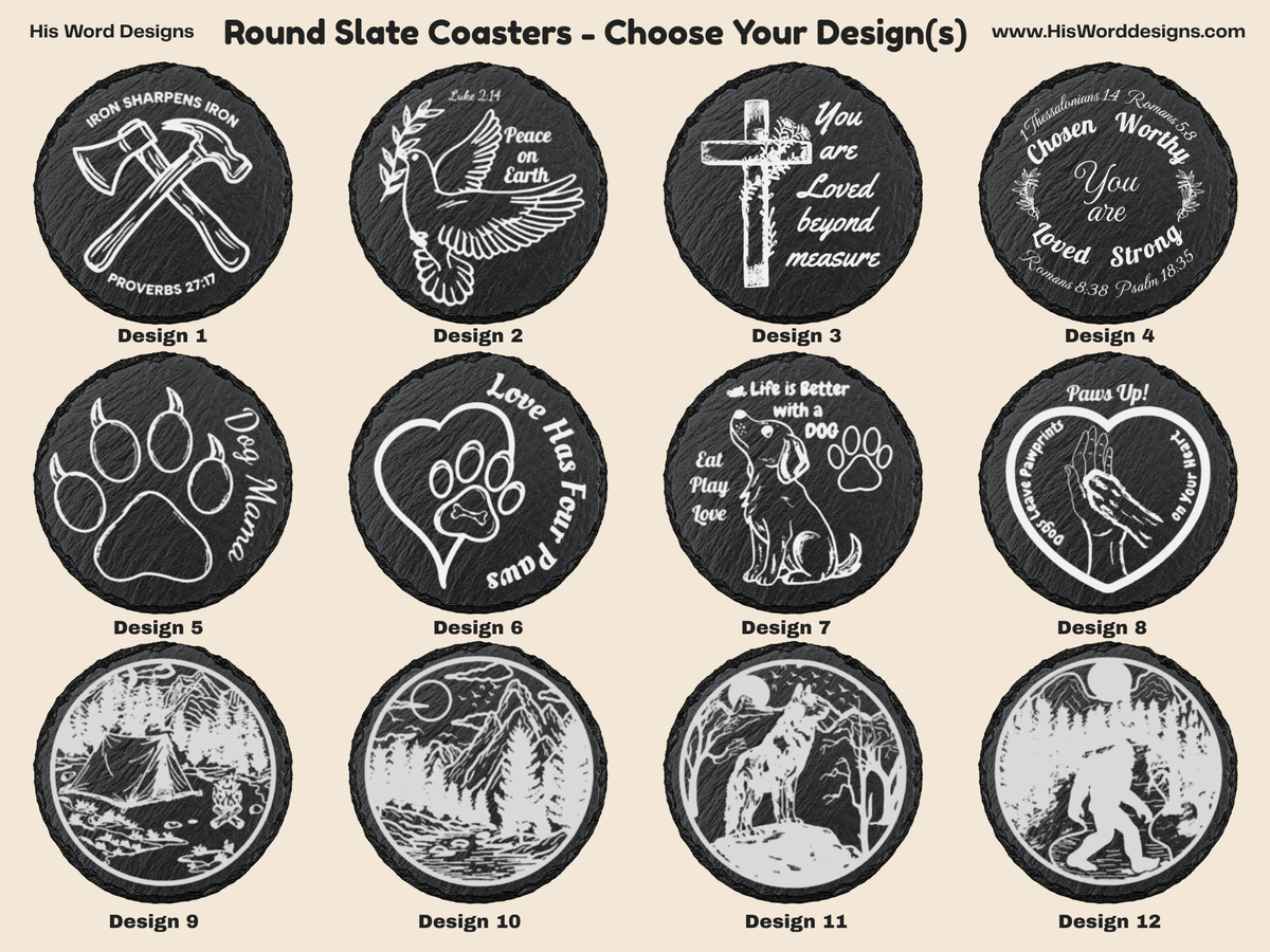 Round Slate Coasters | Engraved Scripture, Nature & Pet Art - Round Slate Coasters | Engraved Scripture, Nature & Pet Art
