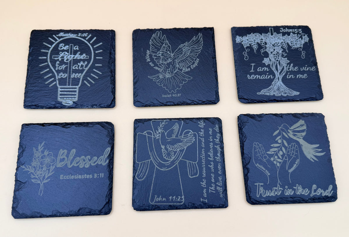 Square Slate Coasters | Engraved Scripture, Nature & Rustic Art - Square Slate Coasters | Engraved Scripture, Nature & Rustic Art