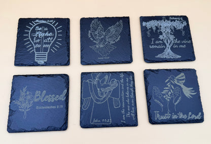 Square Slate Coasters | Engraved Scripture, Nature & Rustic Art - Square Slate Coasters | Engraved Scripture, Nature & Rustic Art