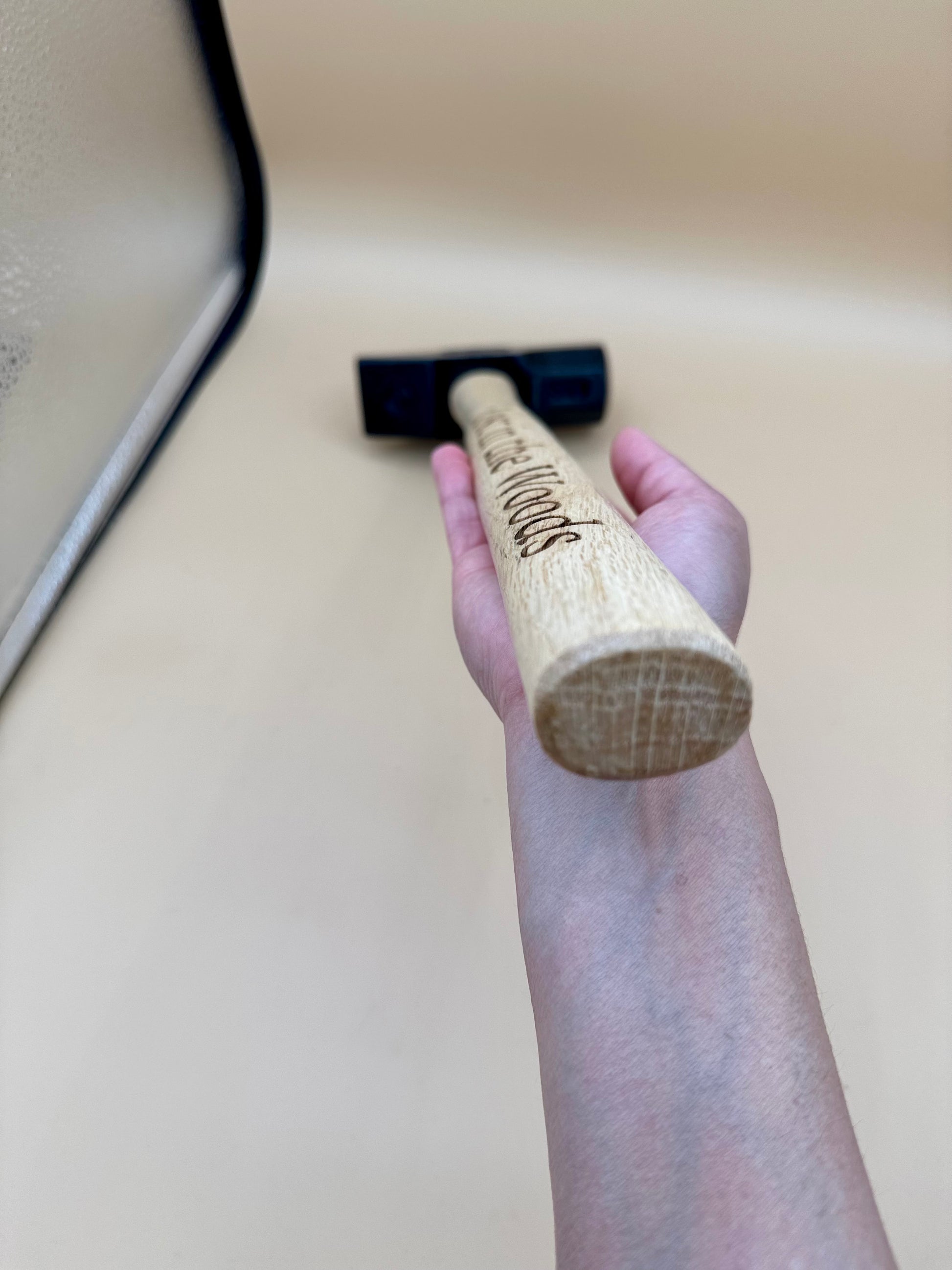 Lost in the Woods Engraved Cross Pein Hammer - Bigfoot Edition - Bigfoot forest engraving and end grain on Lost in the Woods hammer handle — His Word Designs