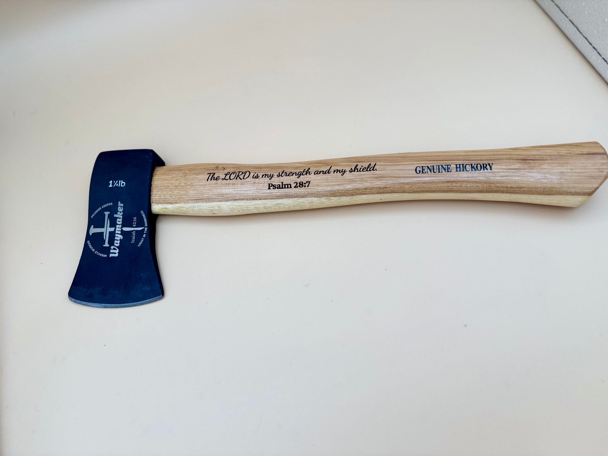 Waymaker Cross Laser Engraved Hickory Camp Hatchet (Psalm 28:7) - Full side view of Waymaker cross engraved hickory camp hatchet — His Word Designs