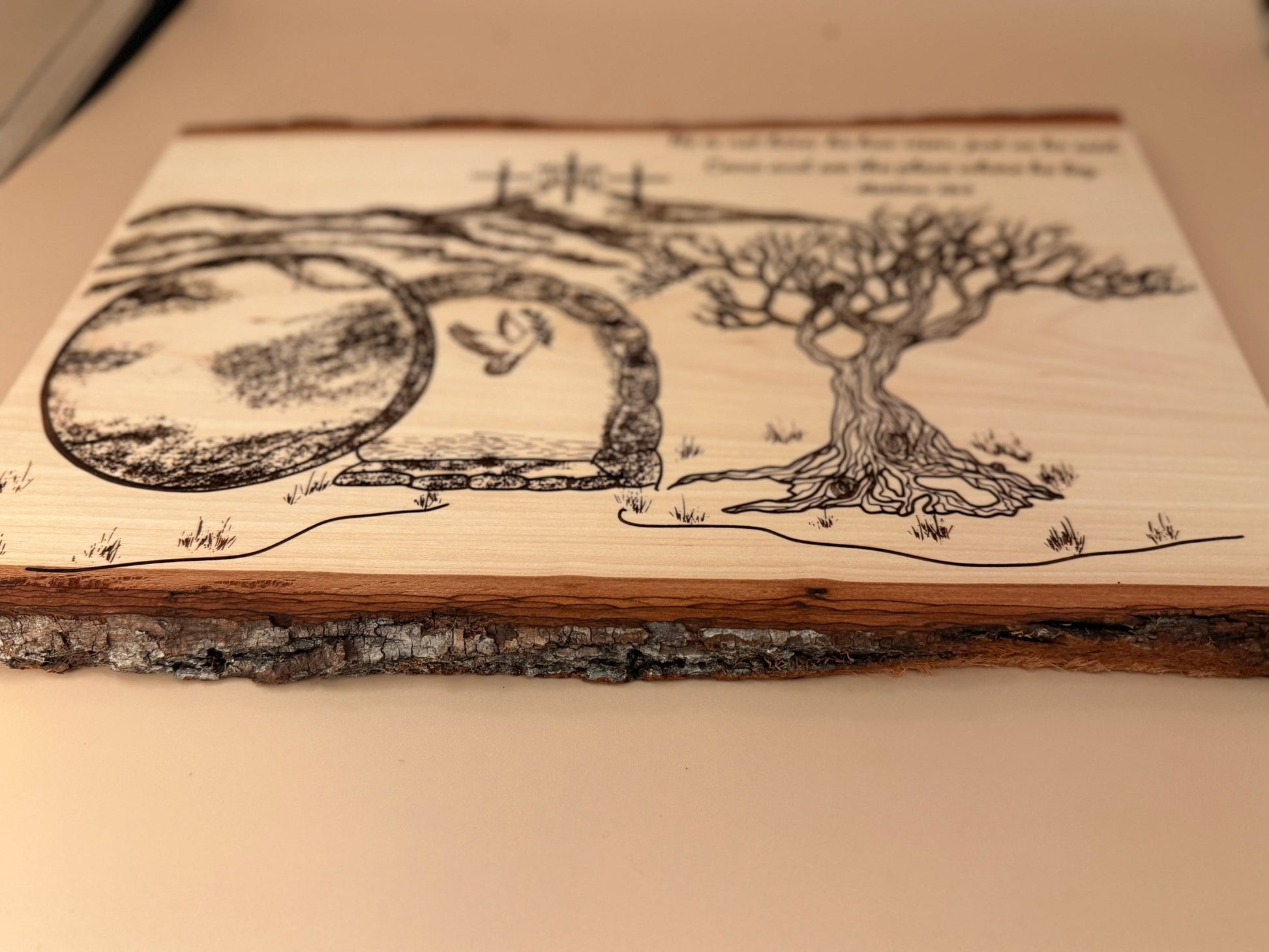 He Is Risen | Matthew 28:6 Engraved Live Edge Wood Wall Art | Resurrection Christian Decor | Empty Tomb Scripture Sign | Easter Faith Art - HisWord Designs