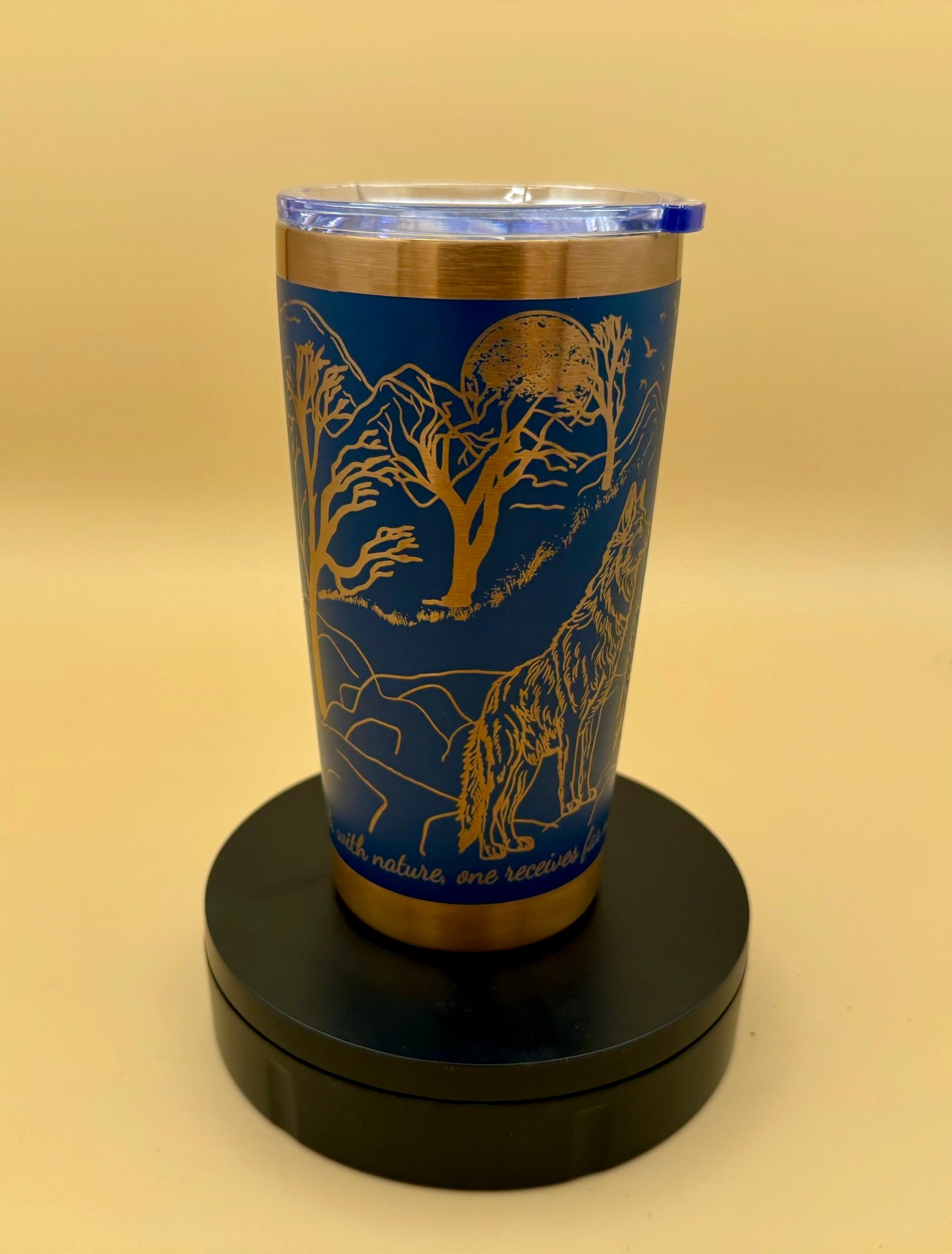 Engraved Wolves in Forest Blue 20 oz Tumbler | Wolf Nature Stainless Steel Travel Mug - His Word Designs