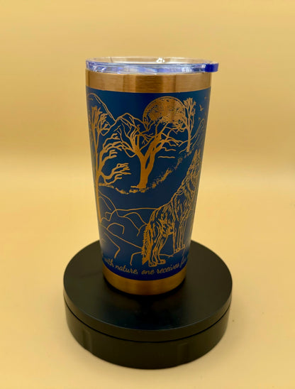 Engraved Wolves in Forest Blue 20 oz Tumbler | Wolf Nature Stainless Steel Travel Mug - His Word Designs
