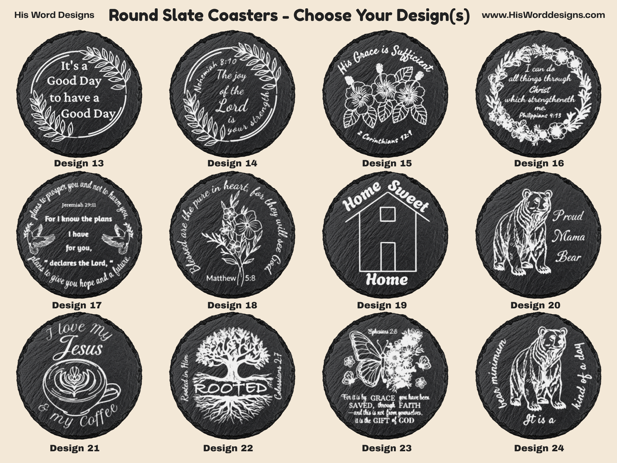 Round Slate Coasters | Engraved Scripture, Nature & Pet Art - His Word Designs