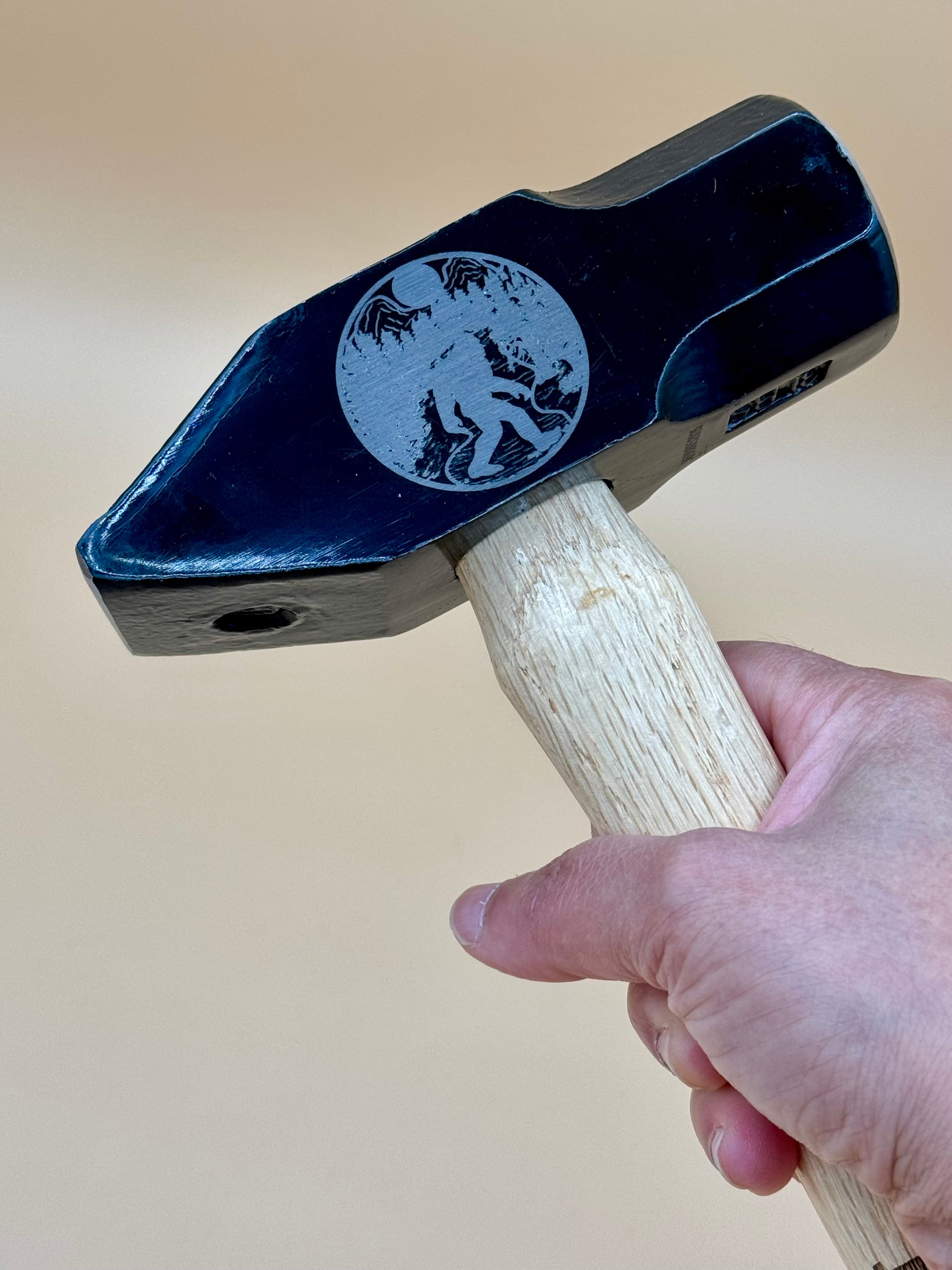 Lost in the Woods Engraved Cross Pein Hammer - Bigfoot Edition - Bigfoot forest and moon engraving on black cross pein hammer head — His Word Designs