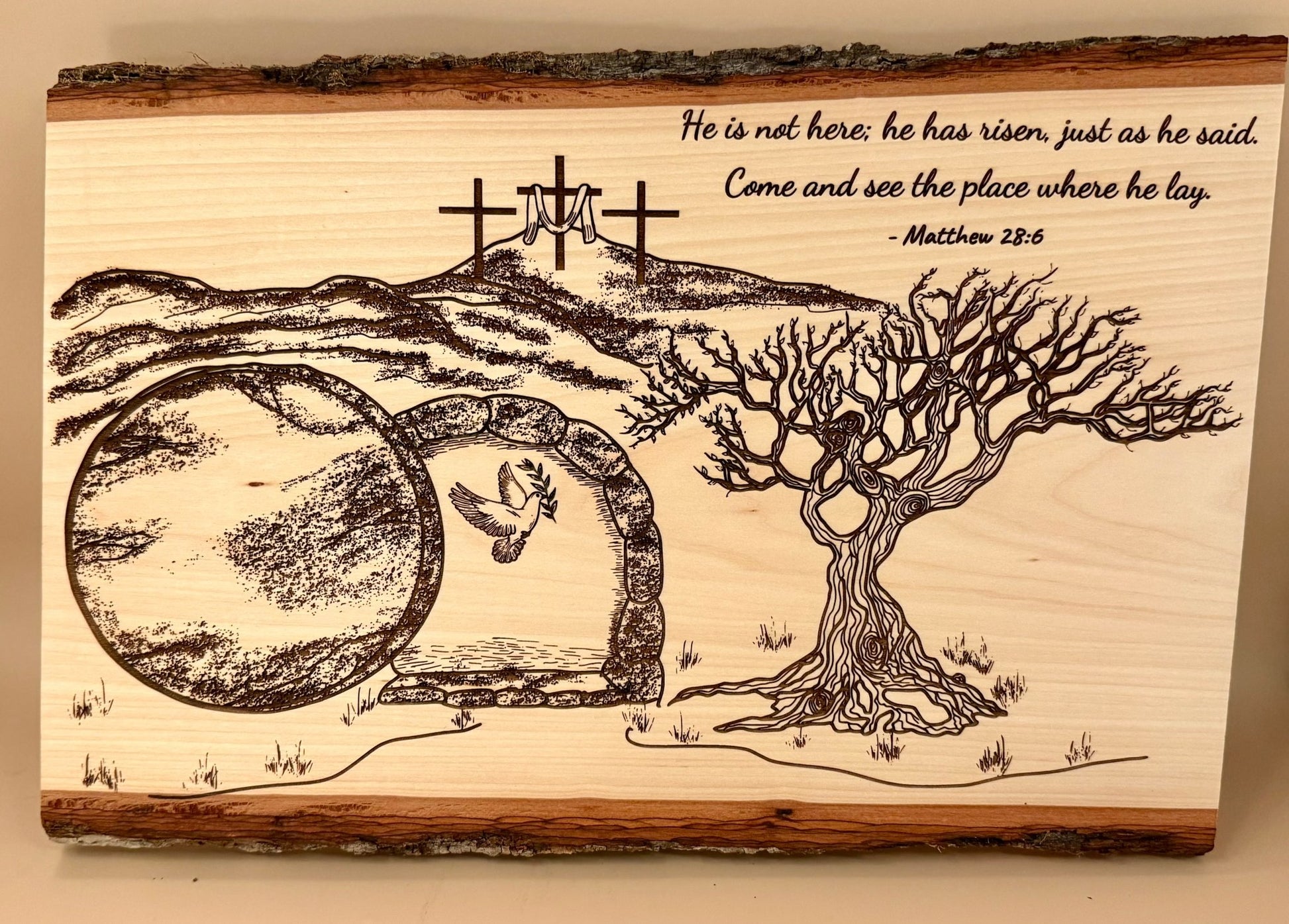 He Is Risen | Matthew 28:6 Engraved Live Edge Wood Wall Art | Resurrection Christian Decor | Empty Tomb Scripture Sign | Easter Faith Art - HisWord Designs
