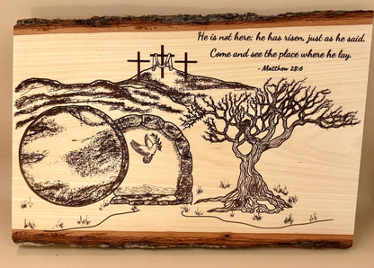 He Is Risen | Matthew 28:6 Engraved Live Edge Wood Wall Art | Resurrection Christian Decor | Empty Tomb Scripture Sign | Easter Faith Art - HisWord Designs