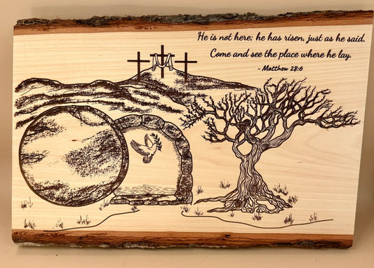 He Is Risen | Matthew 28:6 Engraved Live Edge Wood Wall Art | Resurrection Christian Decor | Empty Tomb Scripture Sign | Easter Faith Art - HisWord Designs