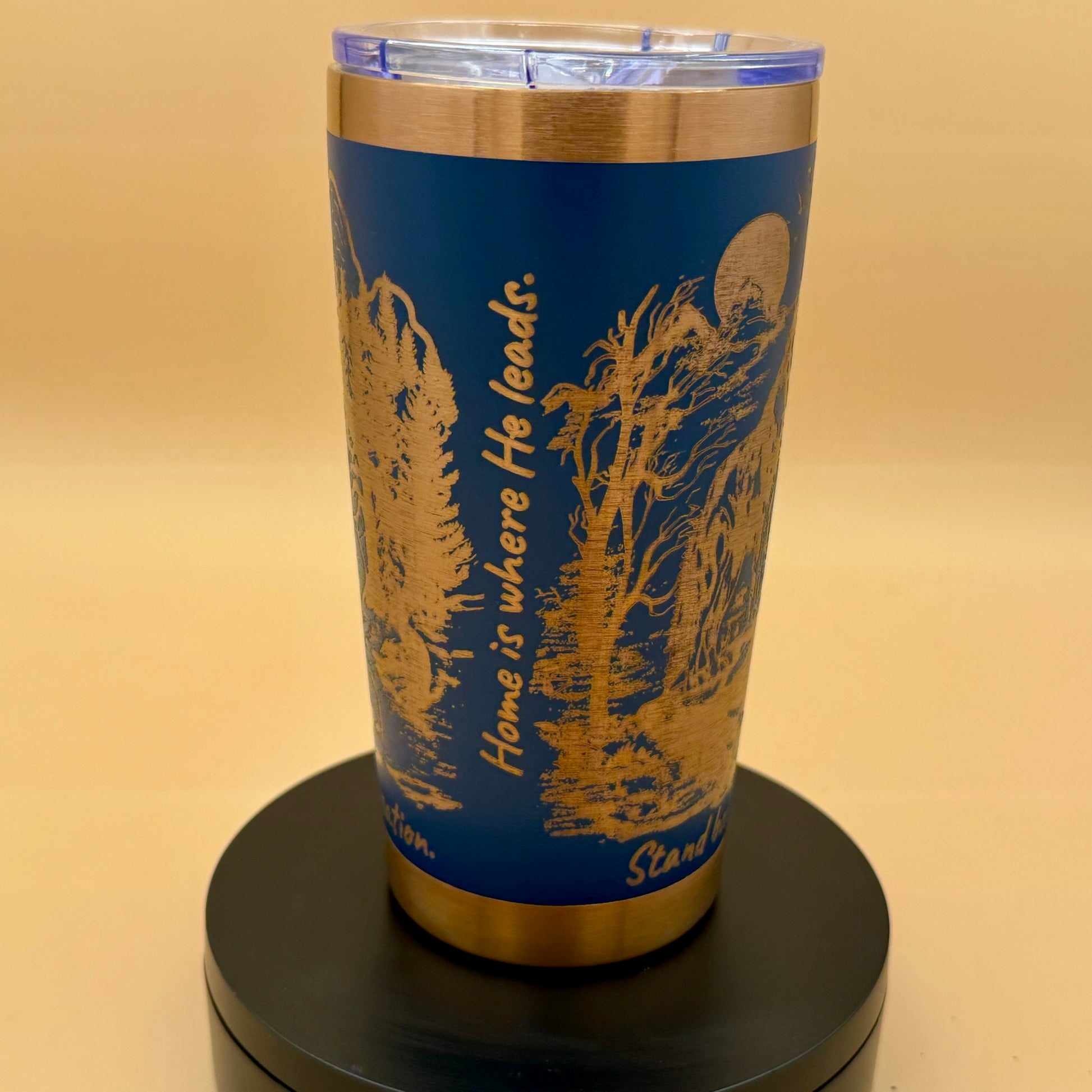 Engraved Bigfoot & Wolf Navy Blue 20 oz Tumbler | Wilderness Faith Travel Mug - HisWord Designs