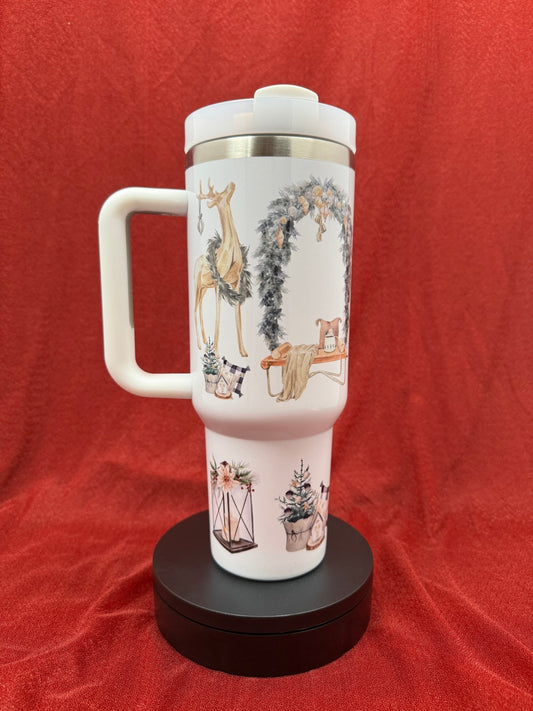 Christmas Cozy Cottage Tumbler with Fireplace & Reindeer – 40 oz Travel Mug with Handle - HisWord Designs