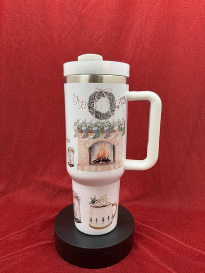 Christmas Cozy Cottage Tumbler with Fireplace & Reindeer – 40 oz Travel Mug with Handle - HisWord Designs