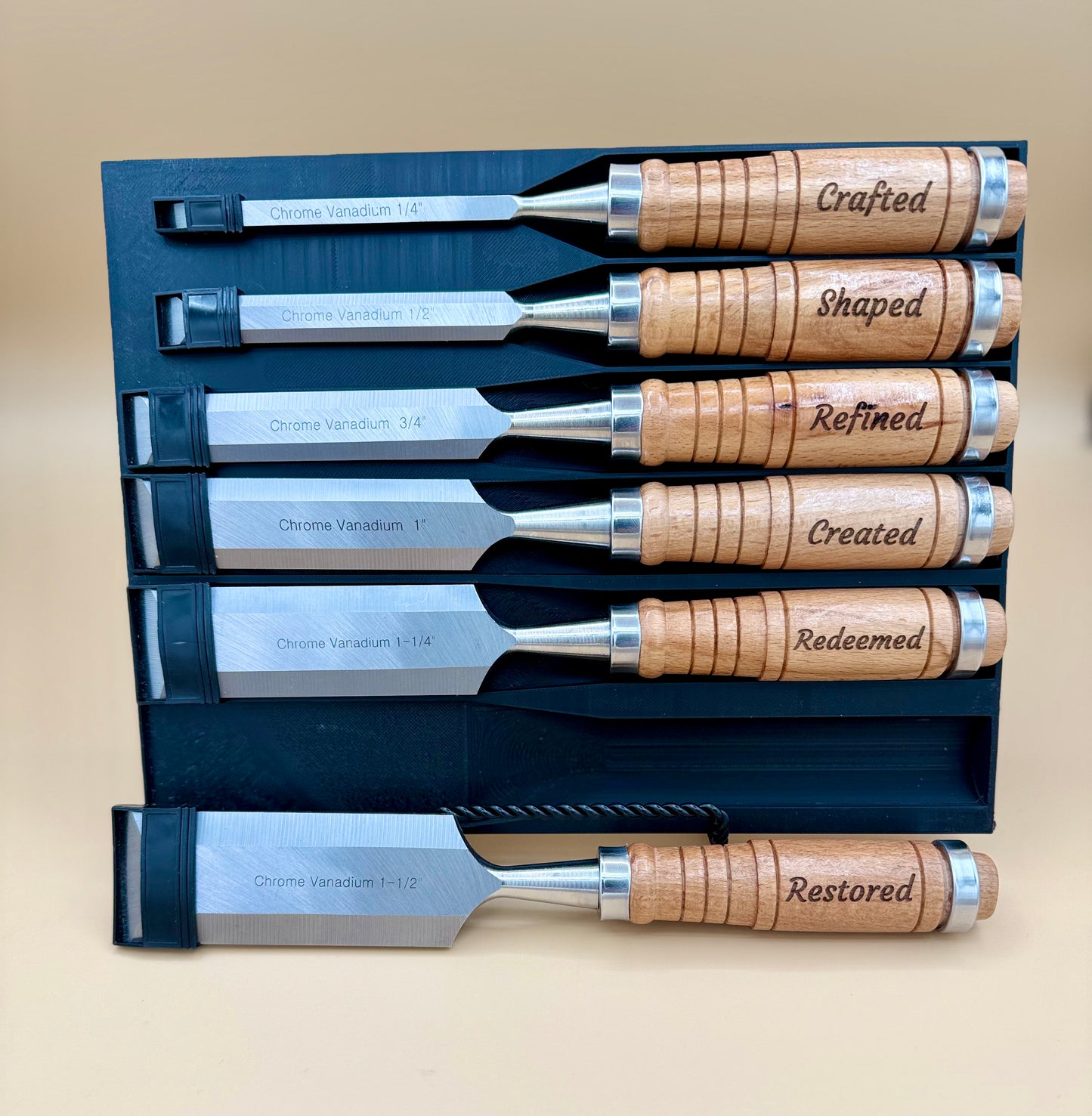 Engraved Hardwood Woodworking Chisel 6-Piece Set - Faith & Craftsmanship - Engraved hardwood chisel set with Restored chisel displayed outside the fitted case — His Word Designs
