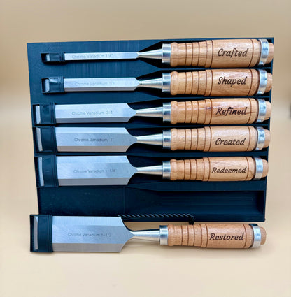 Engraved Hardwood Woodworking Chisel 6-Piece Set - Faith & Craftsmanship - Engraved hardwood chisel set with Restored chisel displayed outside the fitted case — His Word Designs