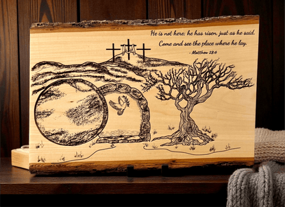 He Is Risen | Matthew 28:6 Engraved Live Edge Wood Wall Art | Resurrection Christian Decor | Empty Tomb Scripture Sign | Easter Faith Art - HisWord Designs