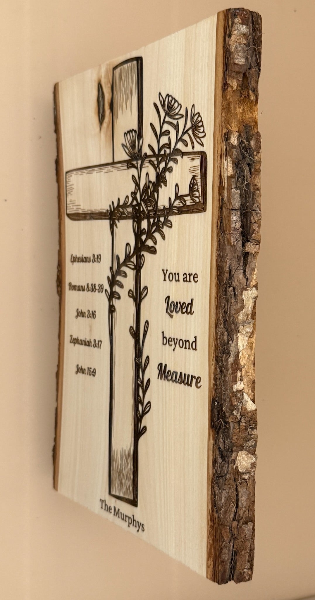 Christian Live Edge Wood Cross Wall Decor – You Are Loved Beyond Measure – Personalized Scripture Family Sign - HisWord Designs