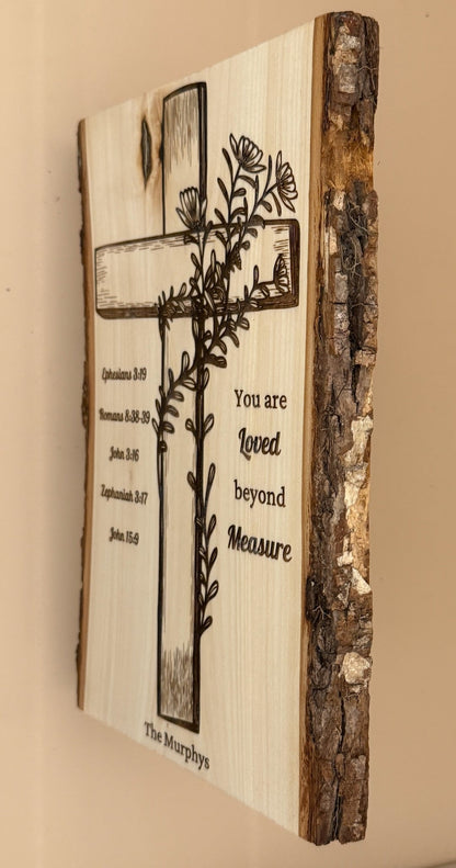 Christian Live Edge Wood Cross Wall Decor – You Are Loved Beyond Measure – Personalized Scripture Family Sign - HisWord Designs