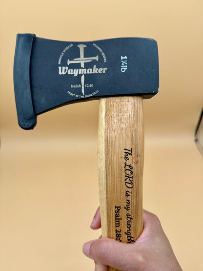 Waymaker Cross Laser Engraved Hickory Camp Hatchet (Psalm 28:7) - Waymaker engraved camp hatchet with protective blade cover and Scripture handle — His Word Designs