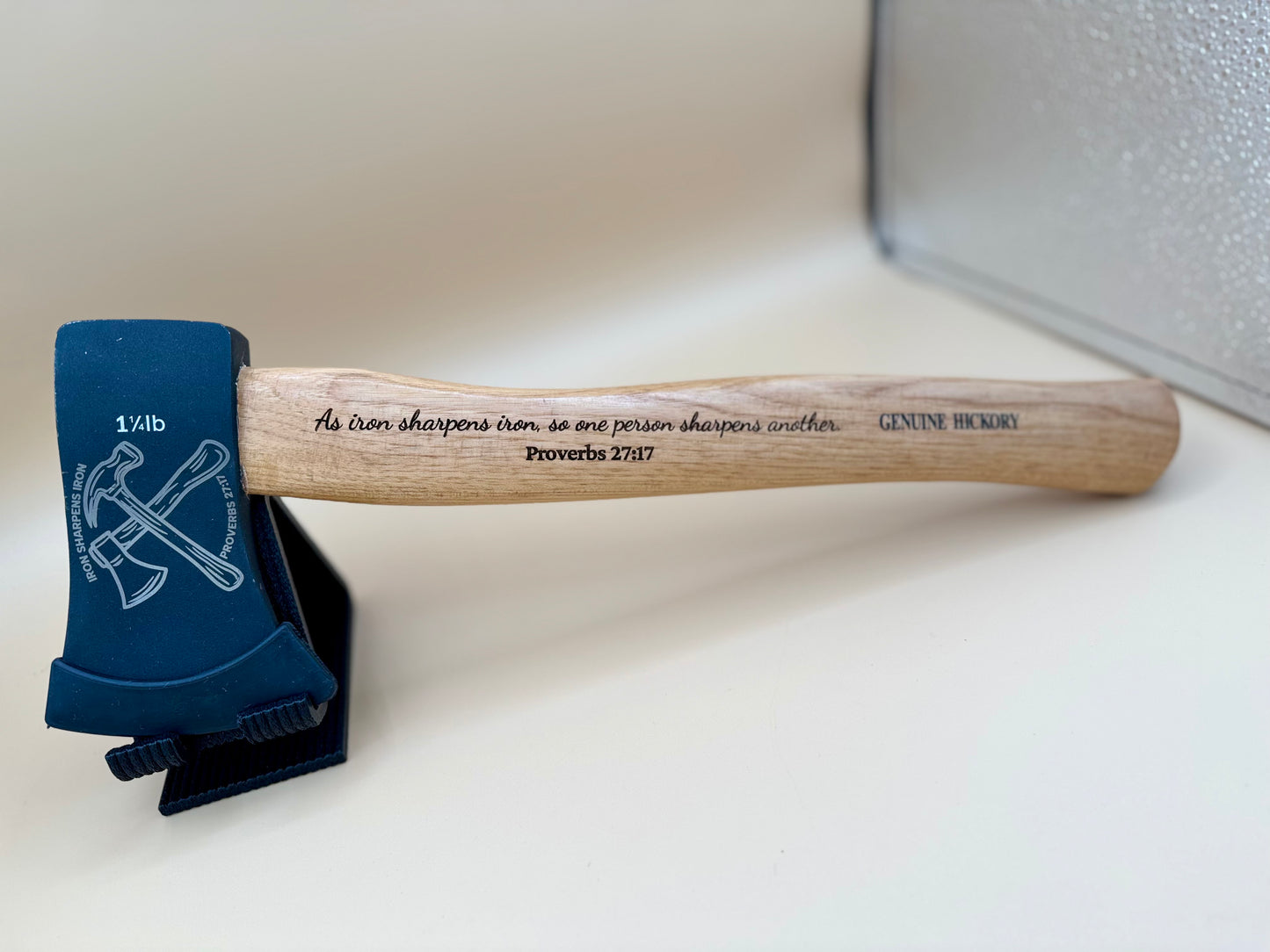 Iron Sharpens Iron Engraved Hickory Camp Axe (Proverbs 27:17) - Iron Sharpens Iron hickory camp axe with Proverbs 27:17 handle engraving — His Word Designs
