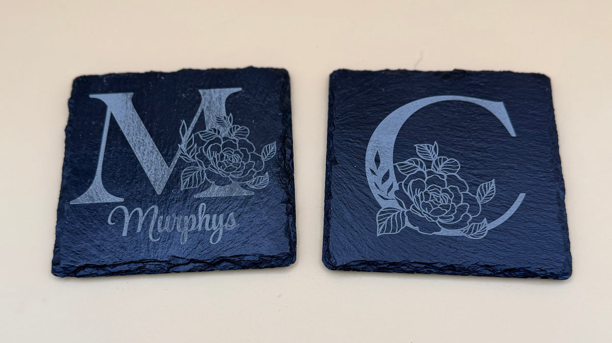Personalized Square Slate Coasters | Custom Name, Monogram & Mountain Art - Personalized Square Slate Coasters | Custom Name, Monogram & Mountain Art