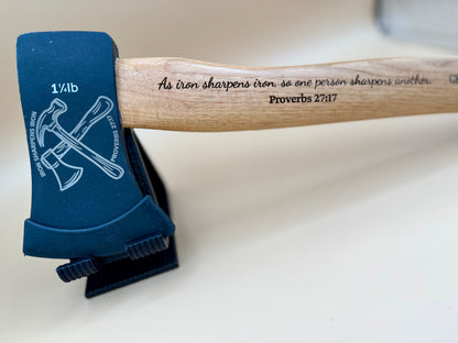 Iron Sharpens Iron Engraved Hickory Camp Axe (Proverbs 27:17) - Iron Sharpens Iron camp axe with crossed-axes head design and engraved hickory handle — His Word Designs