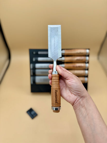 Engraved Hardwood Woodworking Chisel 6-Piece Set - Faith & Craftsmanship - Vertical close-up of Redeemed engraved hardwood chisel and polished steel blade — His Word Designs