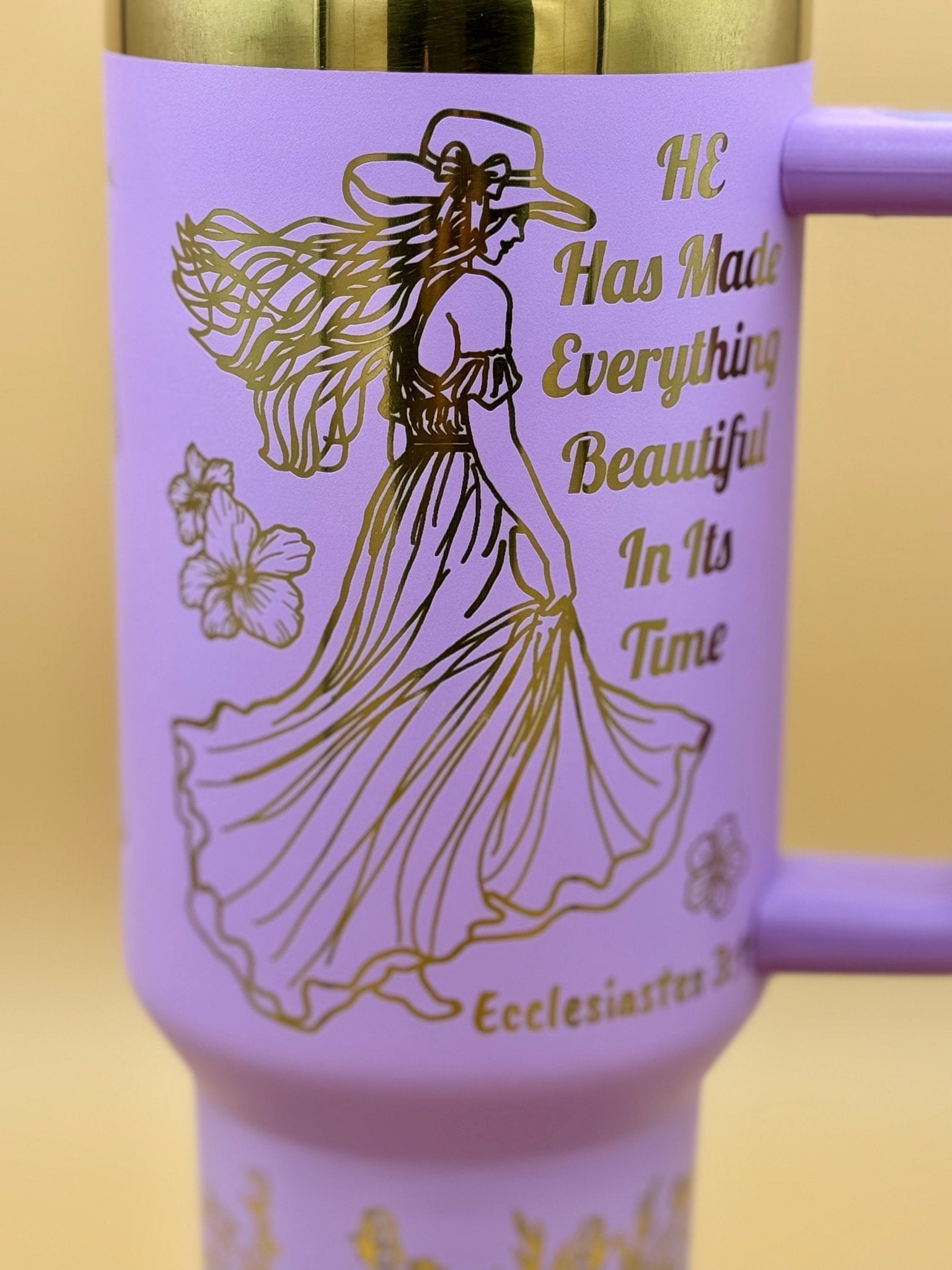Everything Beautiful" Hand - Drawn 40oz Purple Tumbler – Boho Faith & Country Floral Engraved Travel Mug - His Word Designs