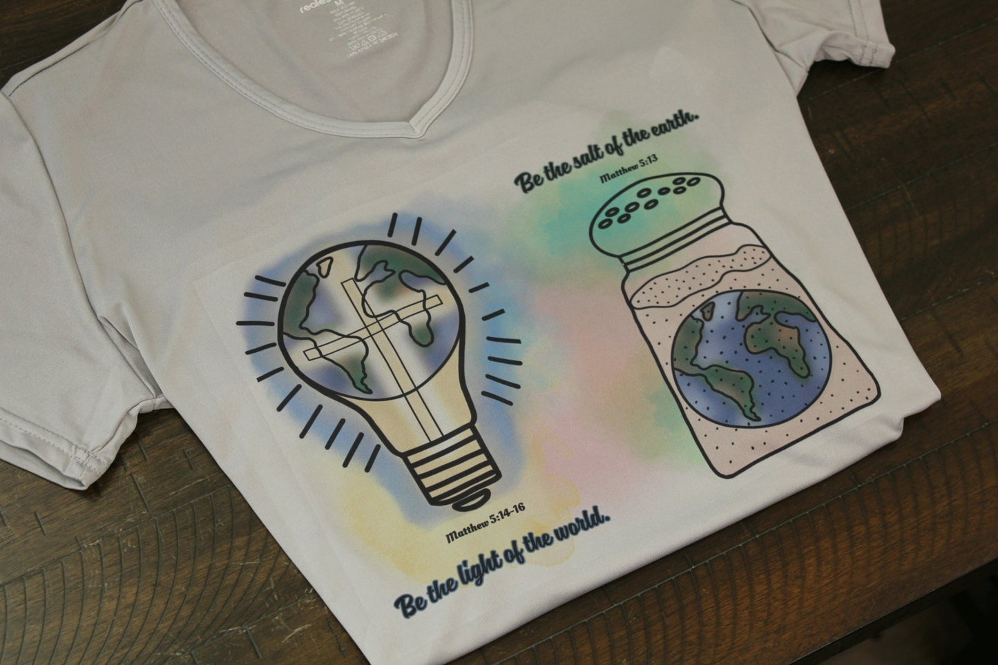 Be the Light & Salt of the Earth Women’s V - Neck T-Shirt – Hand - Drawn Faith Design - His Word Designs