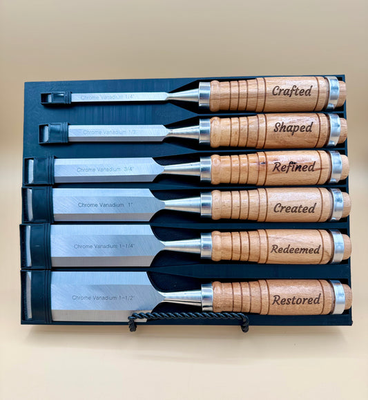 Engraved Hardwood Woodworking Chisel 6-Piece Set - Faith & Craftsmanship - Six-piece chrome vanadium woodworking chisel set with engraved hardwood handles in fitted case — His Word Designs