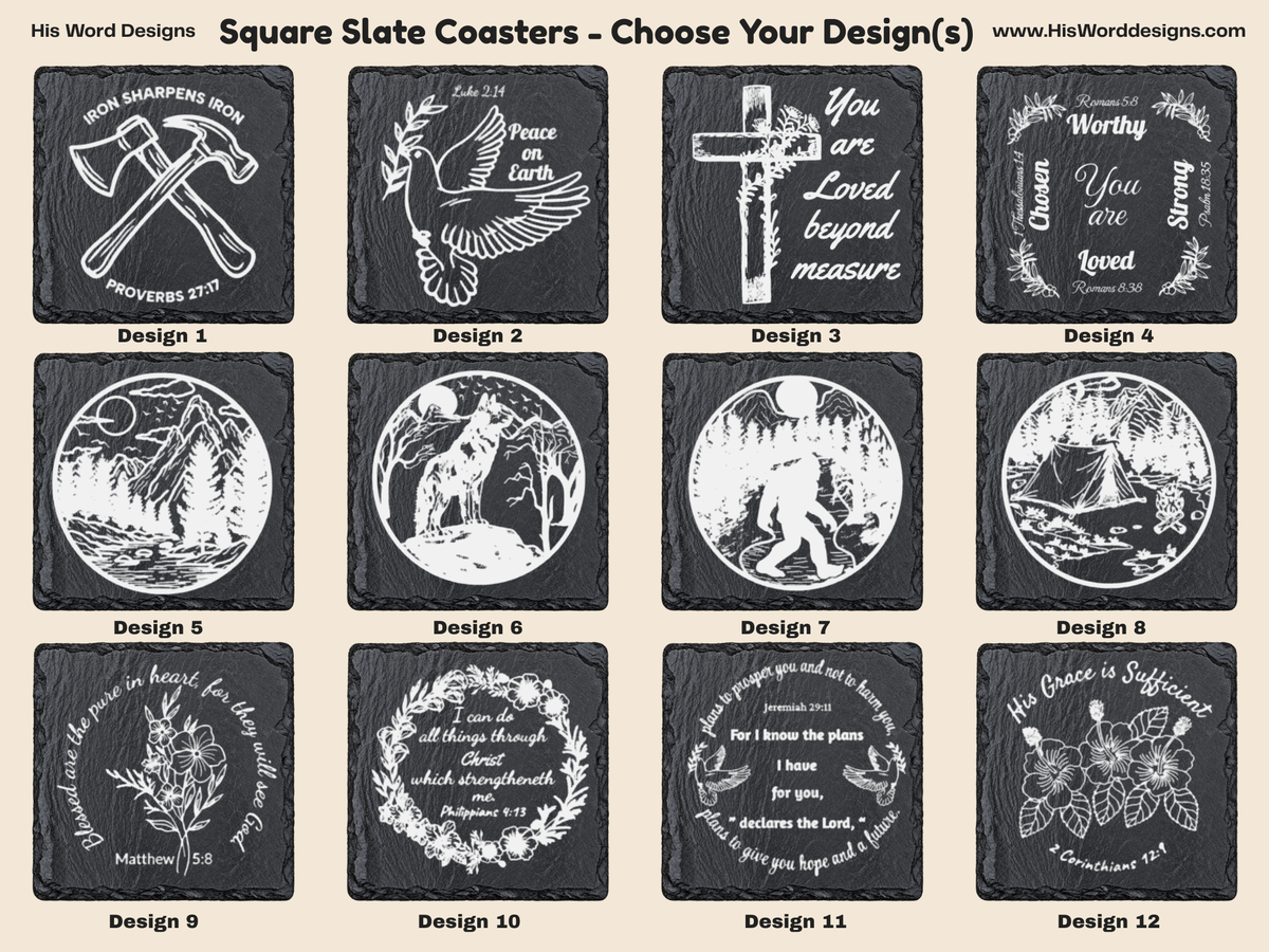 Square Slate Coasters | Engraved Scripture, Nature & Rustic Art - His Word Designs