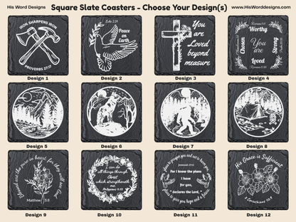 Square Slate Coasters | Engraved Scripture, Nature & Rustic Art - Square Slate Coasters | Engraved Scripture, Nature & Rustic Art