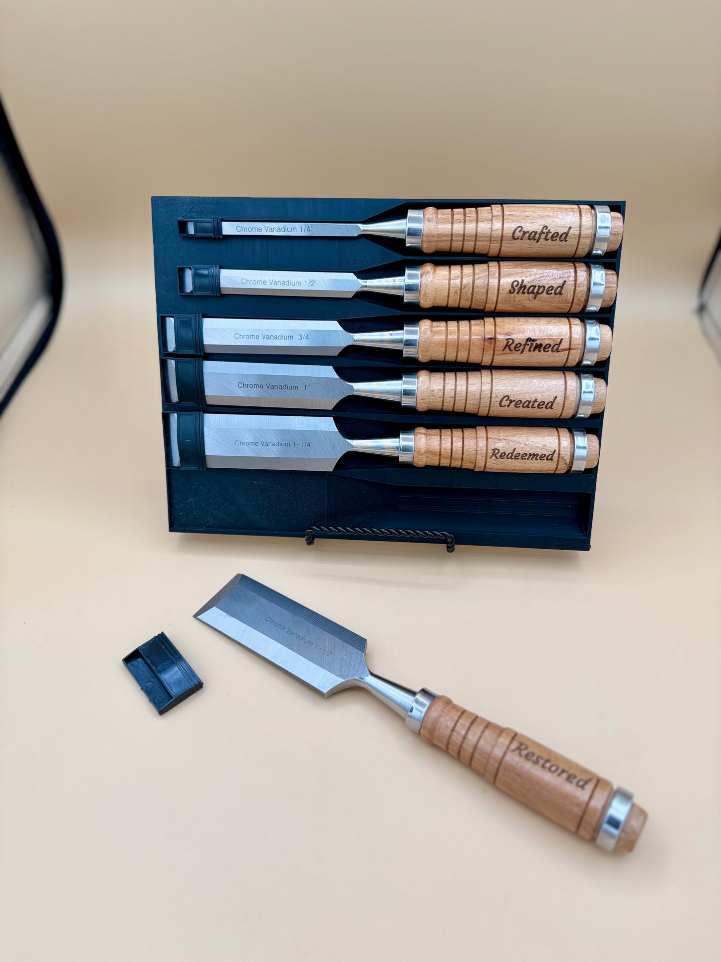 Engraved Hardwood Woodworking Chisel 6-Piece Set - Faith & Craftsmanship - Six engraved woodworking chisels with fitted case, loose chisel, and edge guard — His Word Designs