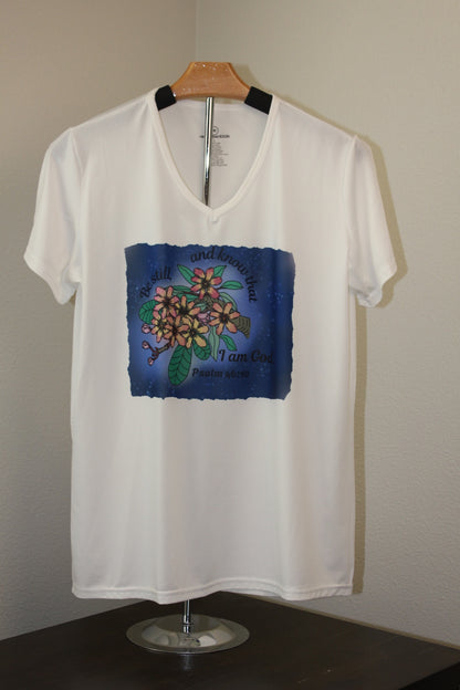 Be Still & Know Women’s V - Neck T-Shirt – Psalm 46:10 Floral Faith Design - HisWord Designs