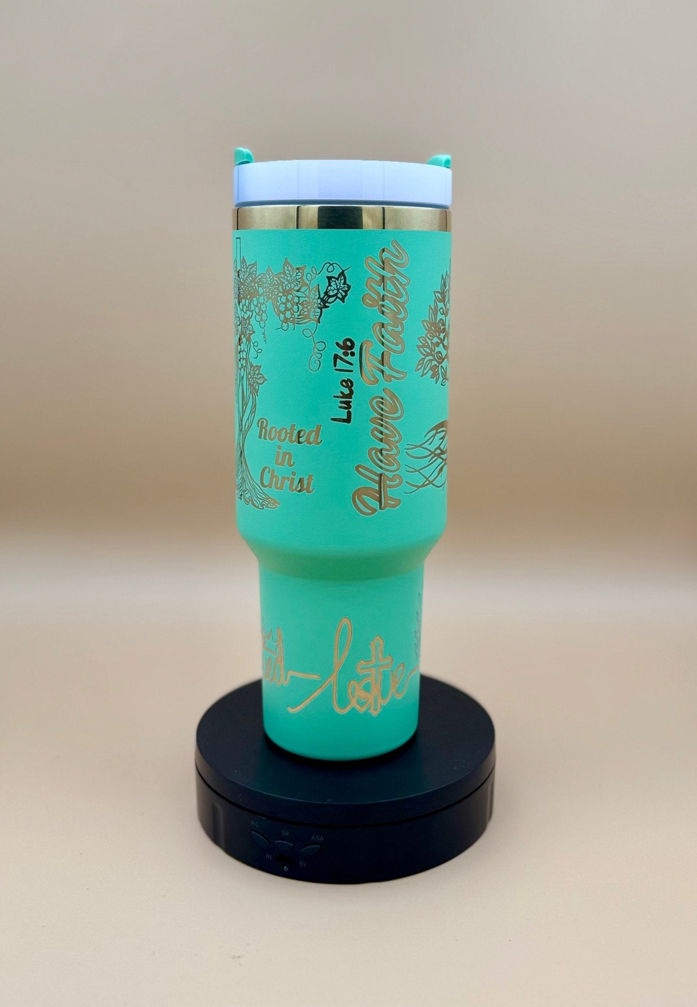 "Rooted in Christ" Hand - Drawn 40oz Teal Tumbler – Original Tree of Life & Scripture Engraved Travel Mug - His Word Designs