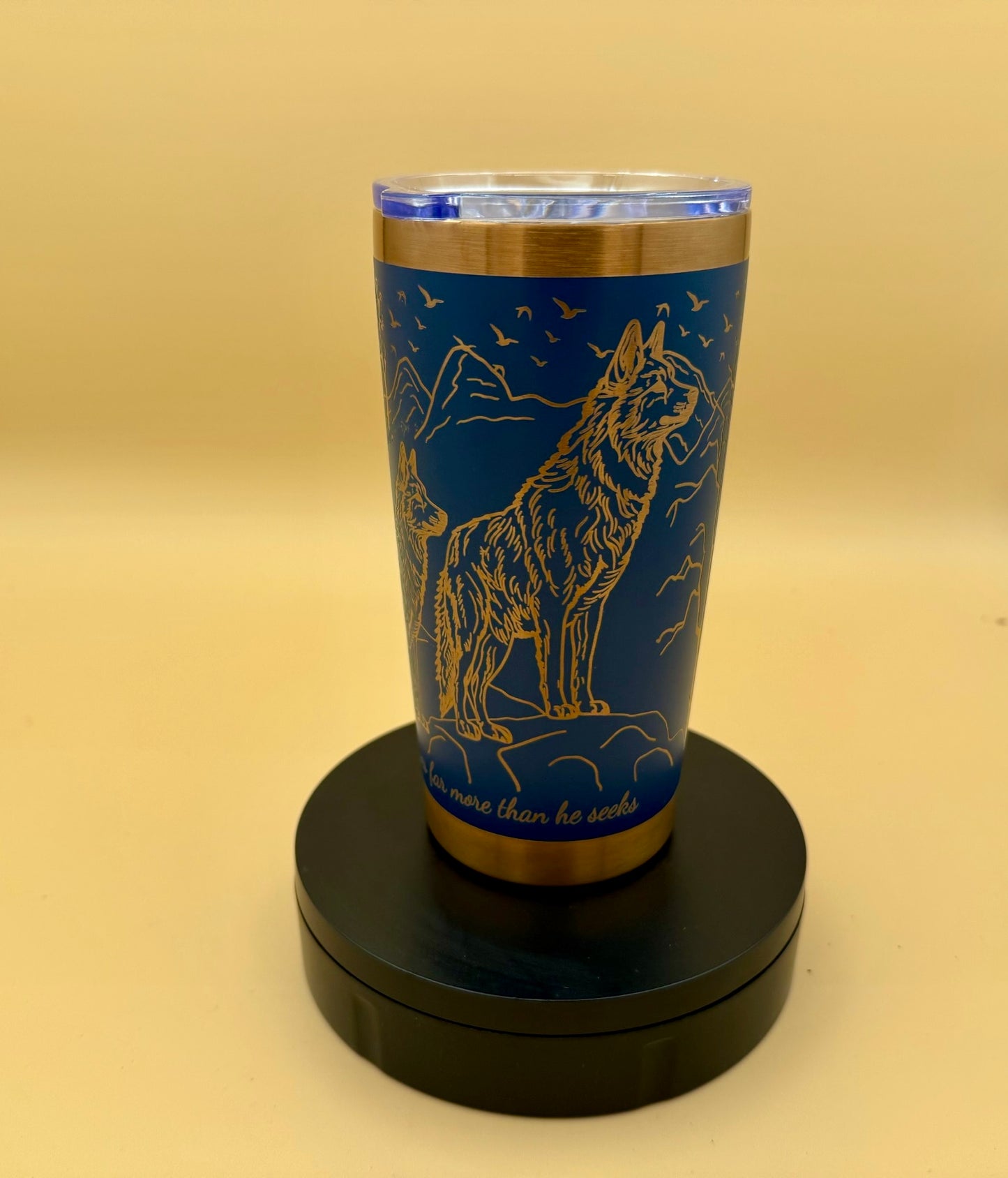 Engraved Wolves in Forest Blue 20 oz Tumbler | Wolf Nature Stainless Steel Travel Mug - His Word Designs