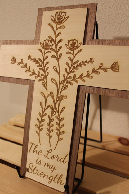 Laser - Engraved Wooden Cross – "The Lord is my strength" Wall Art - HisWord Designs