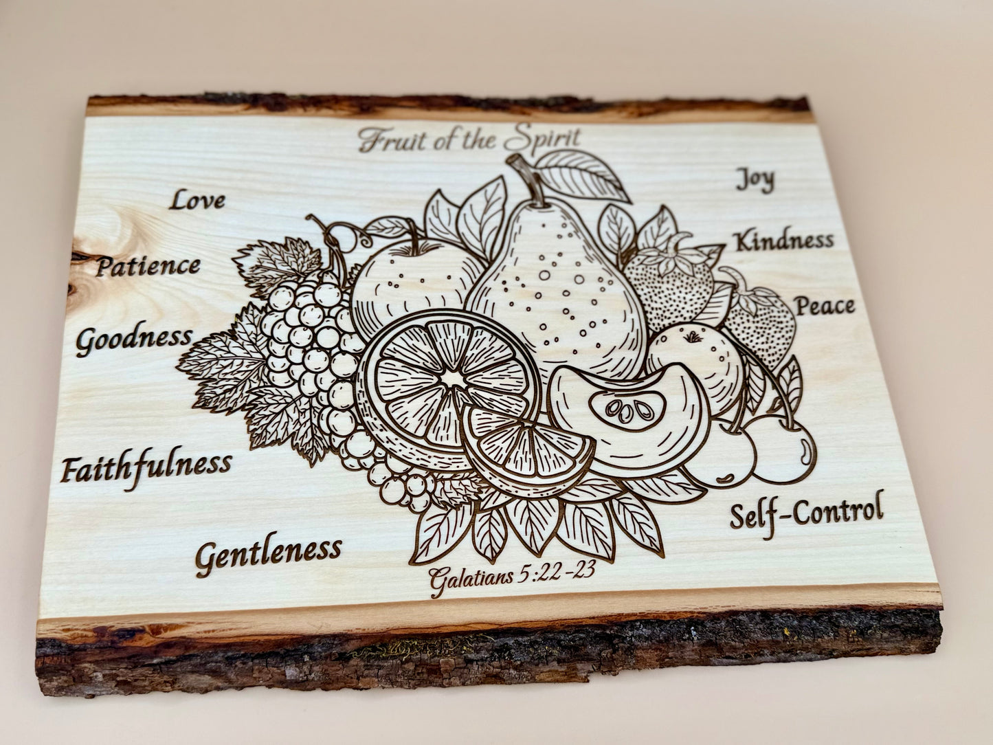 Fruit of the Spirit Live Edge Wood Plaque - Galatians 5:22-23 - Fruit of the Spirit Live Edge Wood Plaque - Galatians 5:22-23