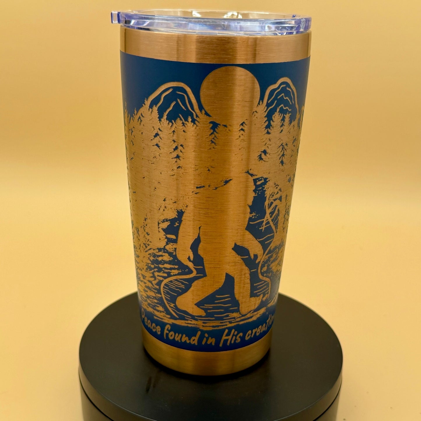 Engraved Bigfoot & Wolf Navy Blue 20 oz Tumbler | Wilderness Faith Travel Mug - HisWord Designs