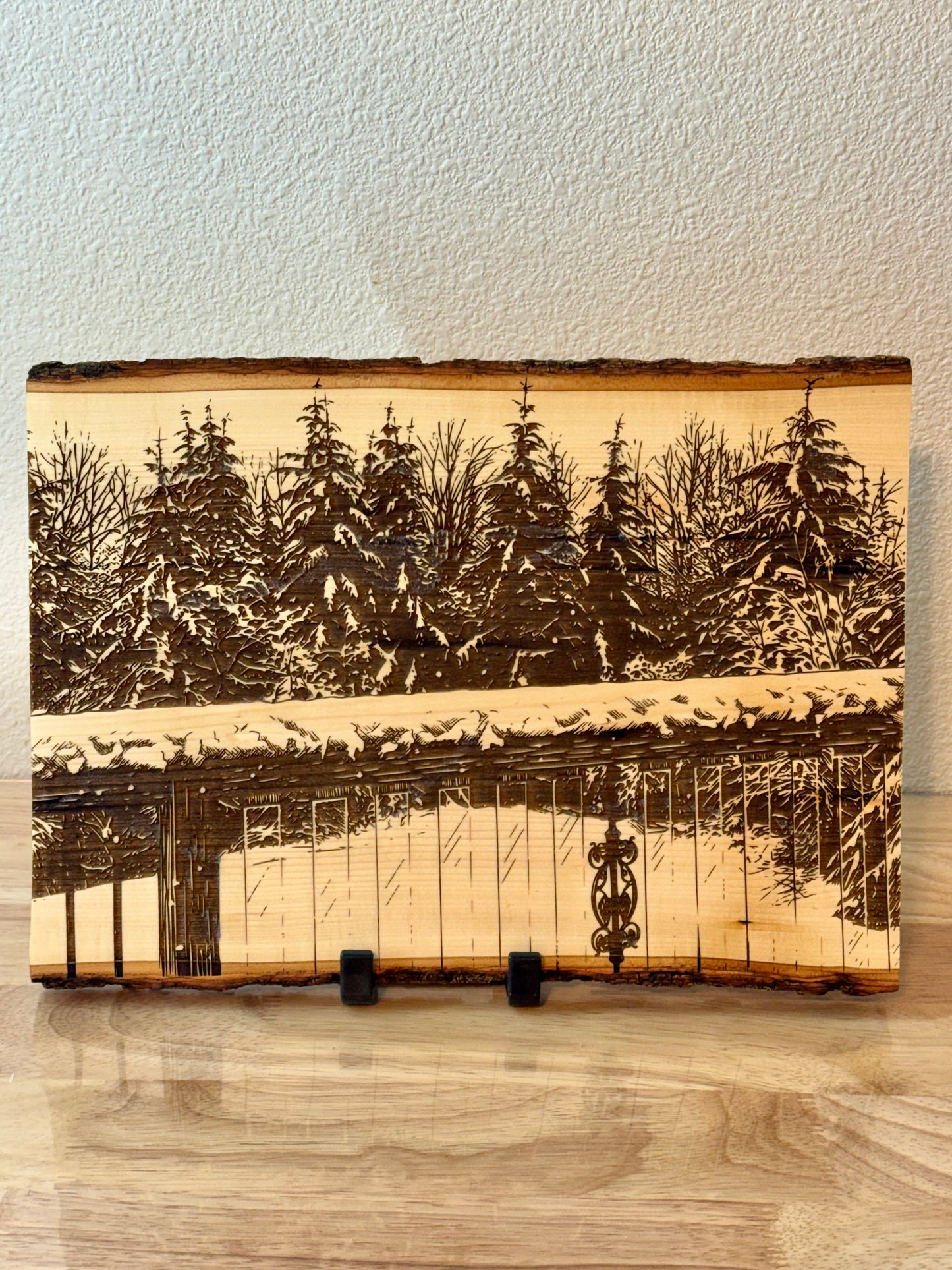 Winter Wonderland Live Edge Wood Art - Pacific Northwest Snow Scene - Winter Wonderland Pacific Northwest snow scene engraved on live edge wood art — His Word Designs