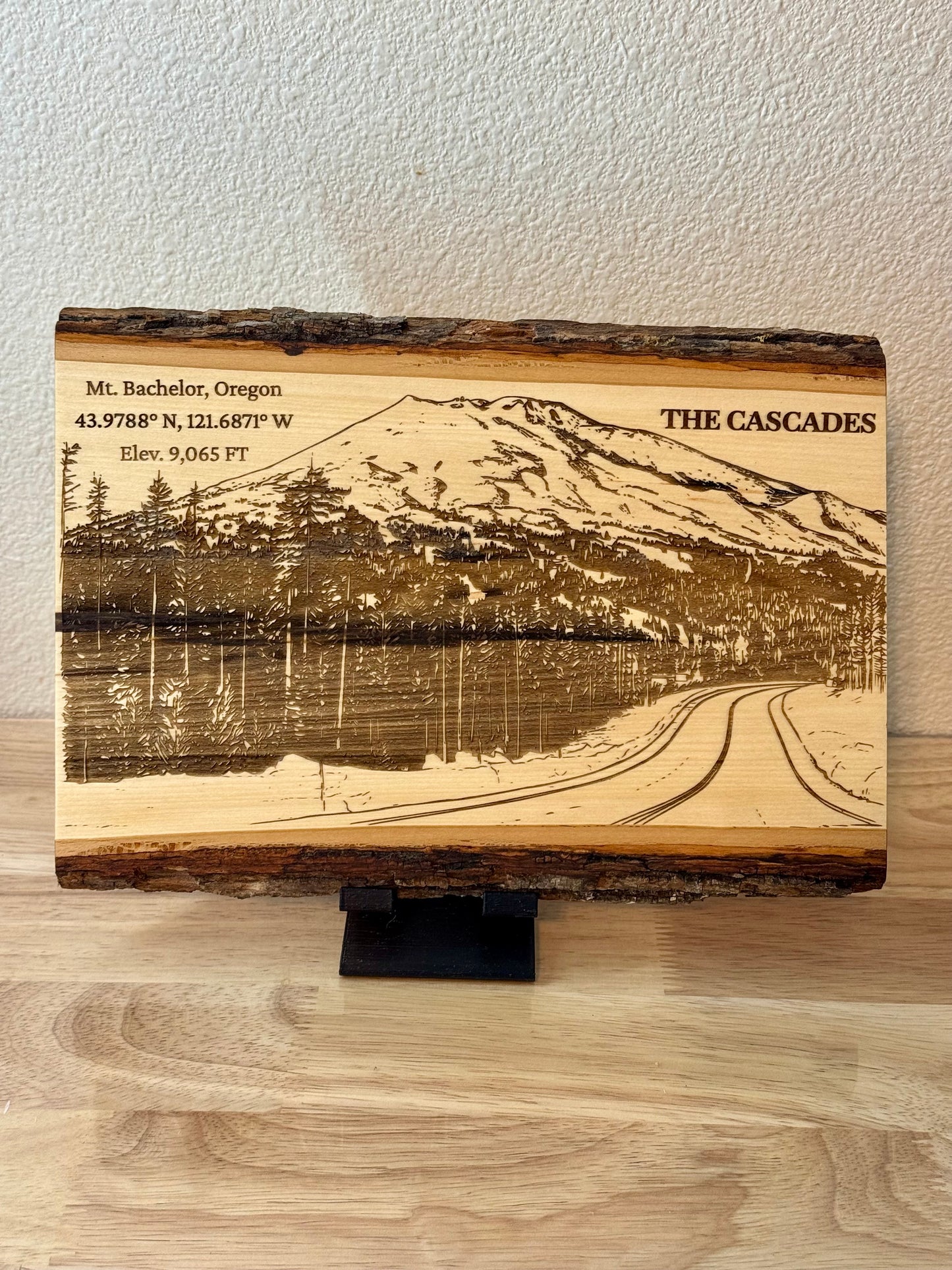 The Cascades - Mt. Bachelor Oregon Live Edge Mountain Wood Art - The Cascades Mt. Bachelor Oregon mountain scene engraved on live edge wood art — His Word Designs
