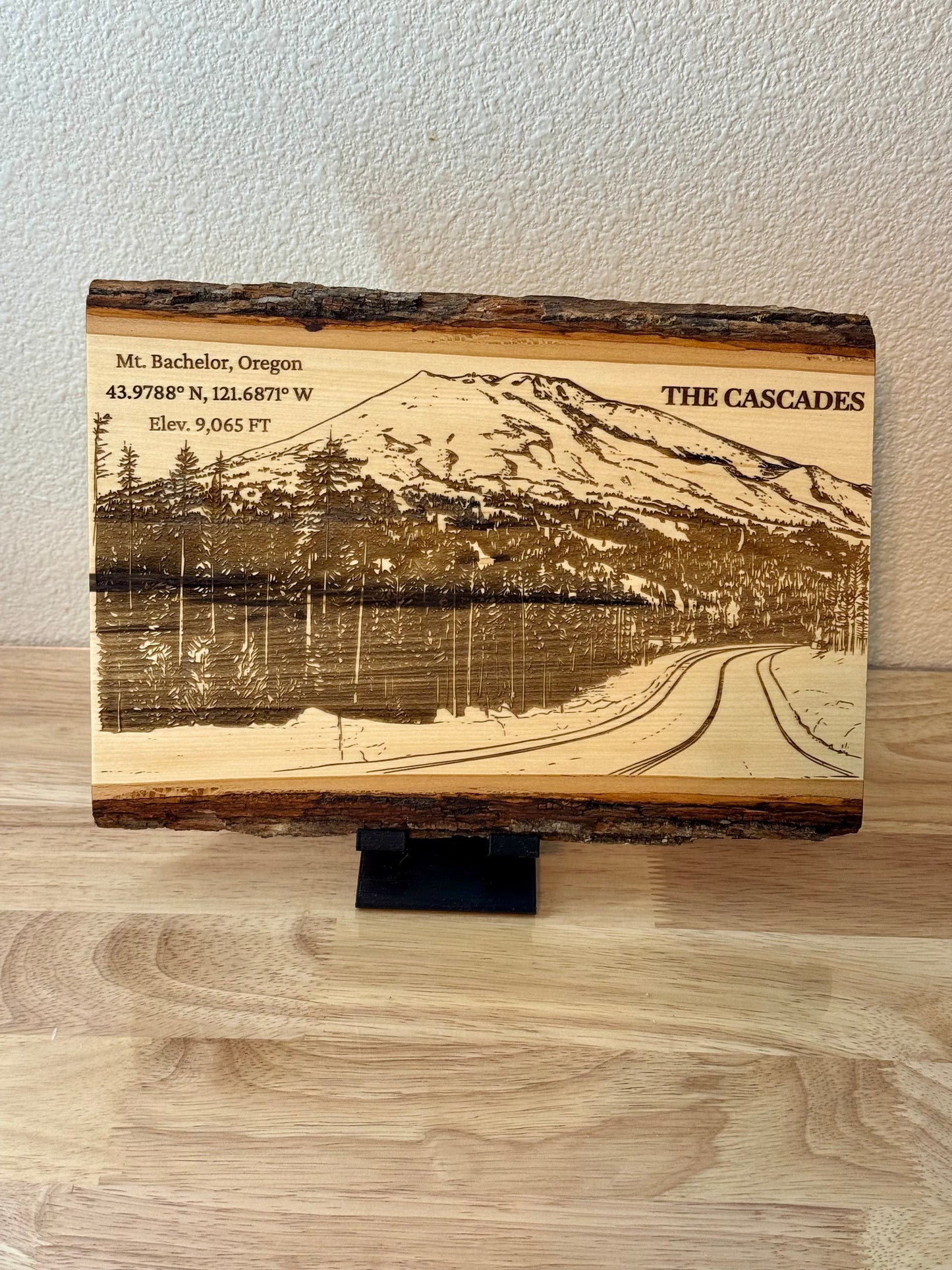 The Cascades - Mt. Bachelor Oregon Live Edge Mountain Wood Art - Mt. Bachelor Oregon live edge wood art with mountain, lake, and snowy road engraving — His Word Designs