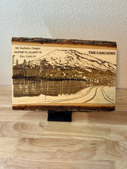 The Cascades - Mt. Bachelor Oregon Live Edge Mountain Wood Art - Mt. Bachelor Oregon live edge wood art with mountain, lake, and snowy road engraving — His Word Designs