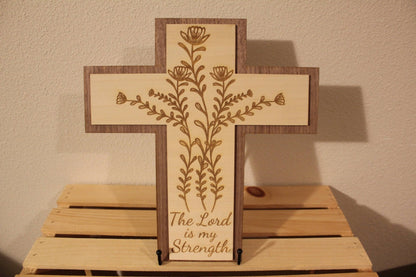 Laser - Engraved Wooden Cross – "The Lord is my strength" Wall Art - HisWord Designs