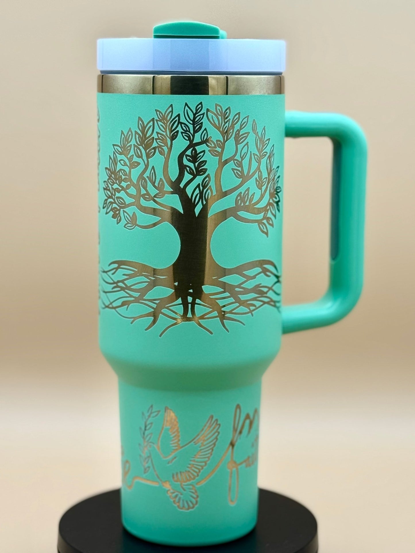 "Rooted in Christ" Hand - Drawn 40oz Teal Tumbler – Original Tree of Life & Scripture Engraved Travel Mug - His Word Designs