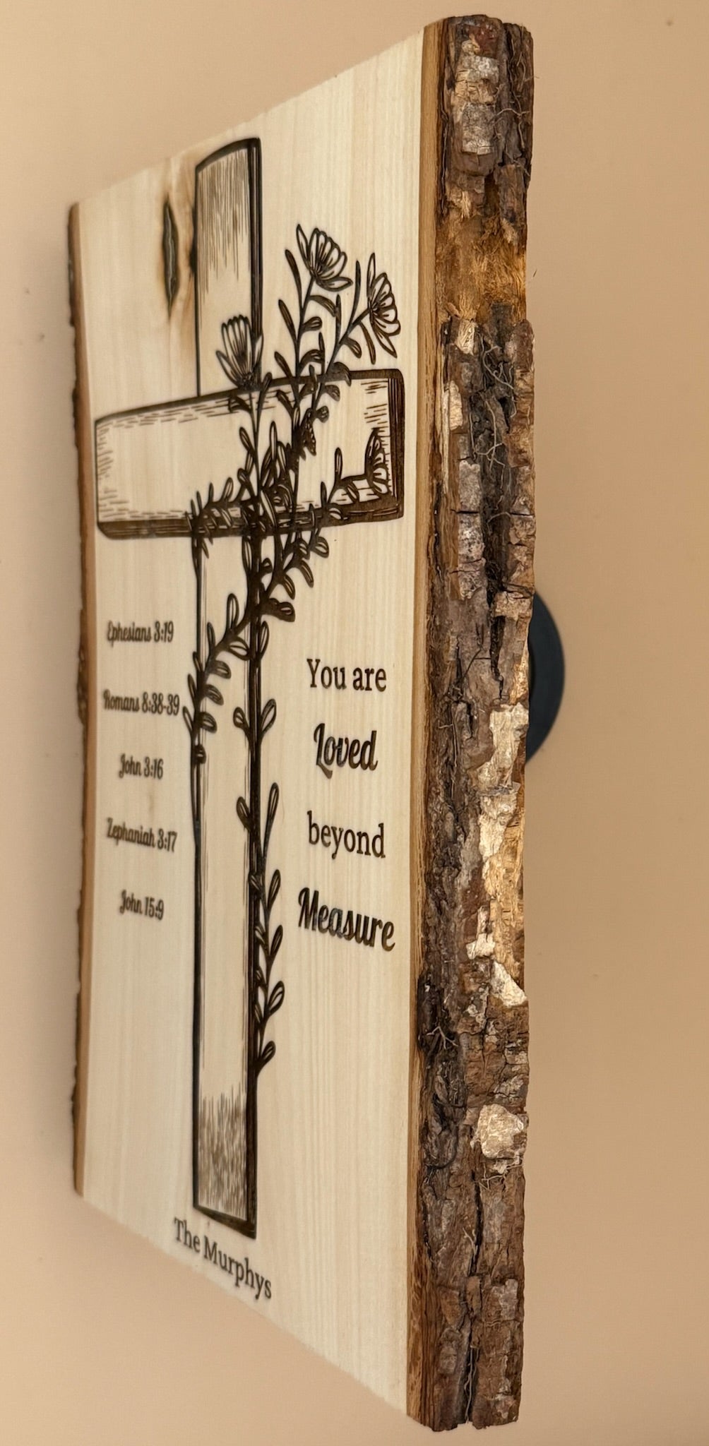 Christian Live Edge Wood Cross Wall Decor – You Are Loved Beyond Measure – Personalized Scripture Family Sign - HisWord Designs