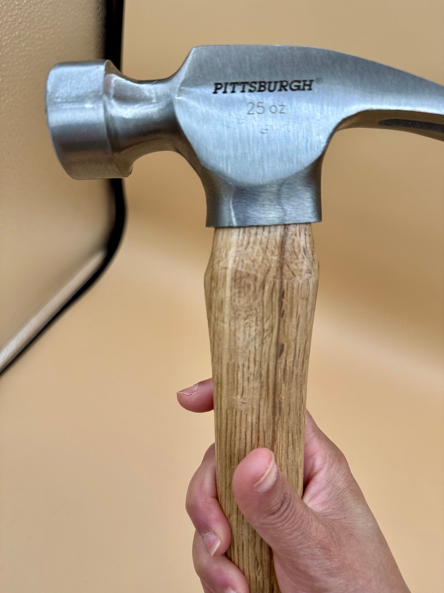 Forged in the Mountains Engraved Claw Hammer - Mountain Pine Edition - Close-up of polished Pittsburgh claw hammer head and natural hardwood handle — His Word Designs