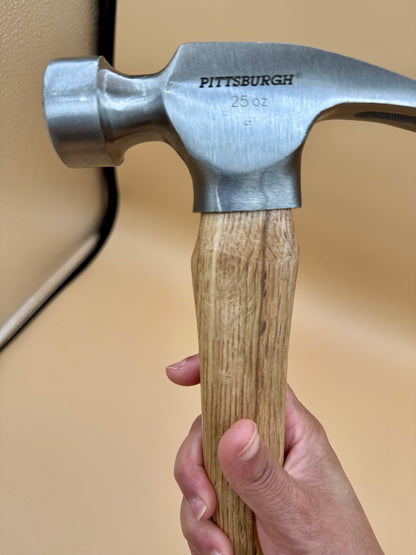 Forged in the Mountains Engraved Claw Hammer - Mountain Pine Edition - Close-up of polished Pittsburgh claw hammer head and natural hardwood handle — His Word Designs