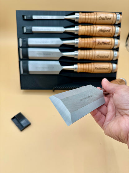 Engraved Hardwood Woodworking Chisel 6-Piece Set - Faith & Craftsmanship - Close-up of a chrome vanadium woodworking chisel blade from the engraved six-piece set — His Word Designs