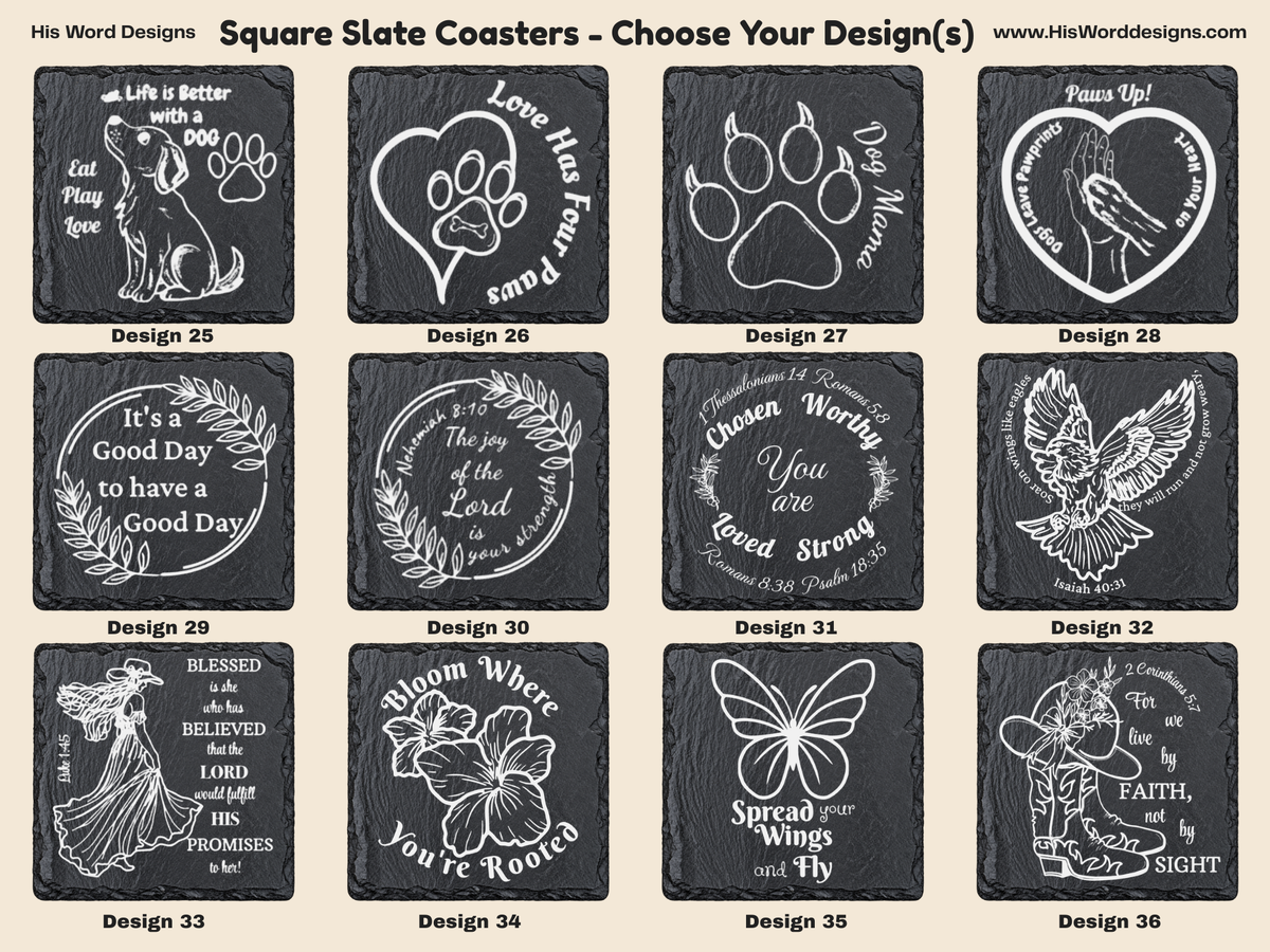 Square Slate Coasters | Engraved Scripture, Nature & Rustic Art - His Word Designs